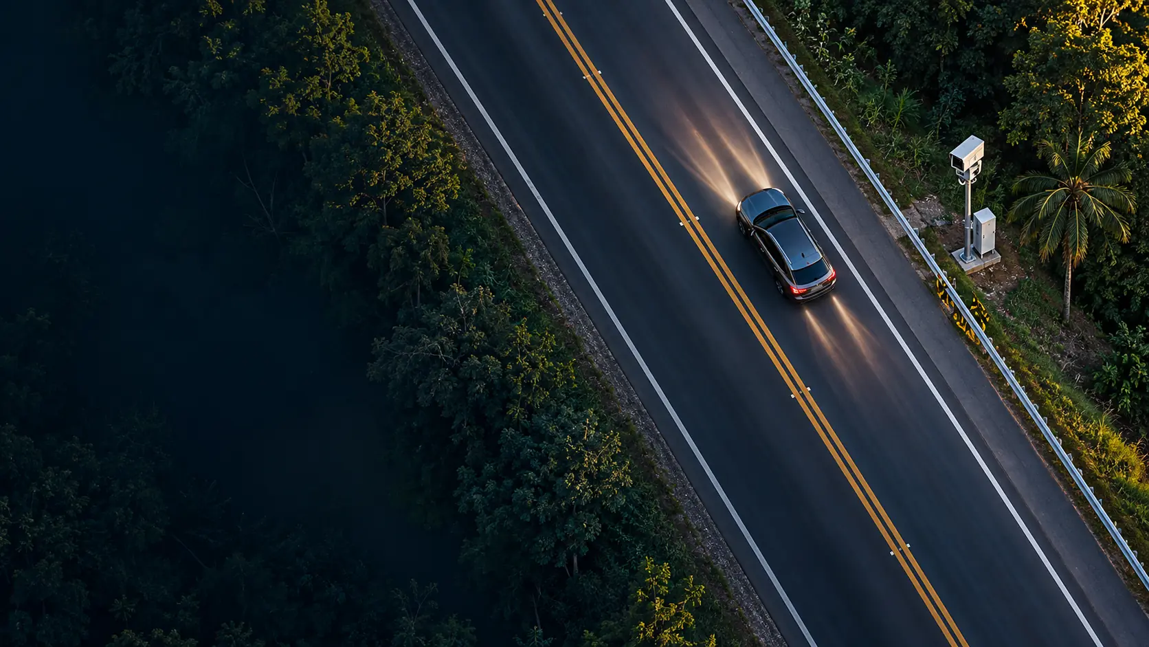 Vista aérea ilustrativa de um carro passando por um radar fixo em uma rodovia brasileira